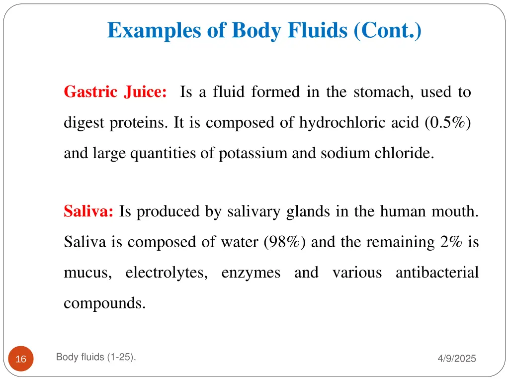 examples of body fluids cont