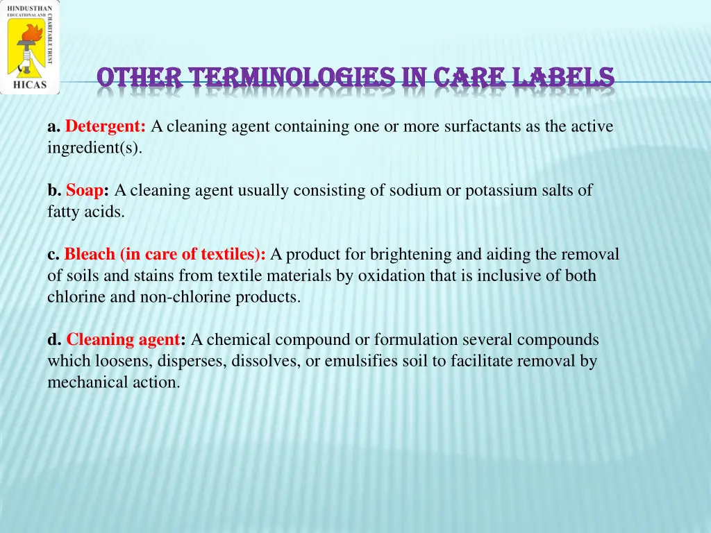 other terminologies in care labels other