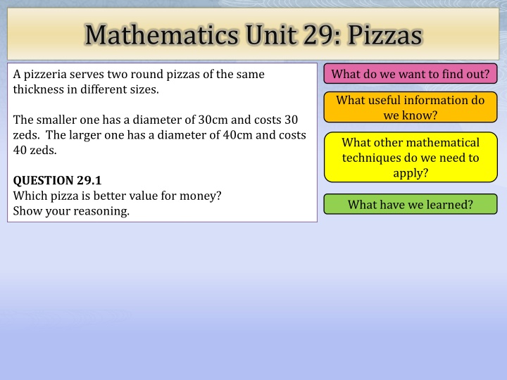 mathematics unit 29 pizzas