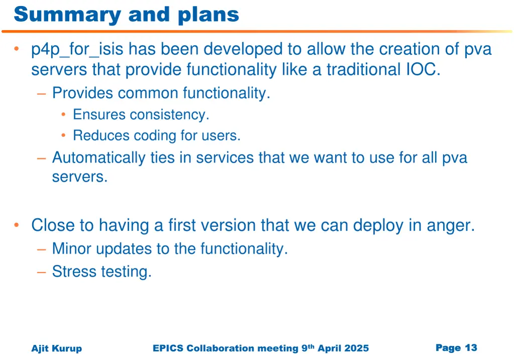 summary and plans