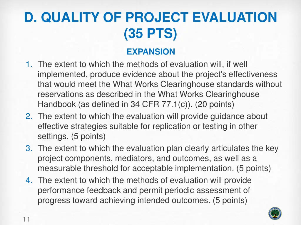 d quality of project evaluation 35 pts