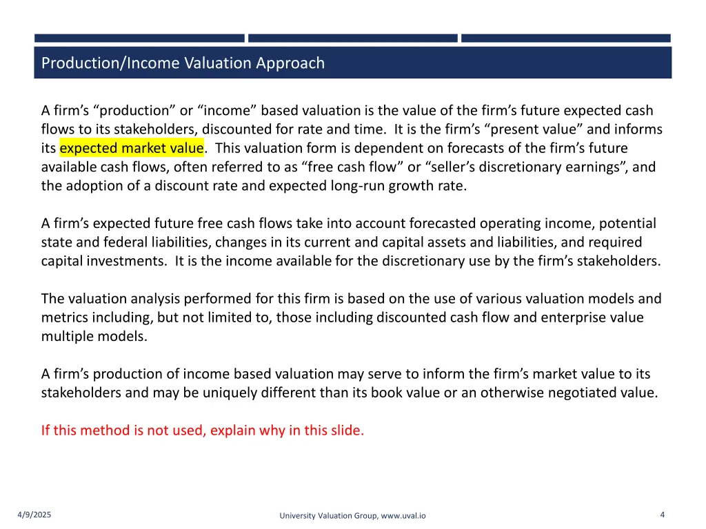 production income valuation approach