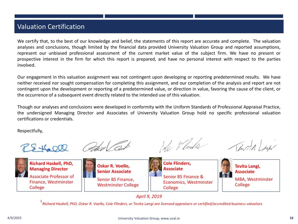 valuation certification