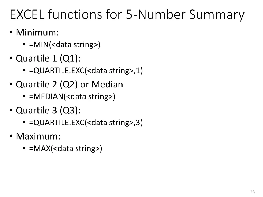 excel functions for 5 number summary minimum