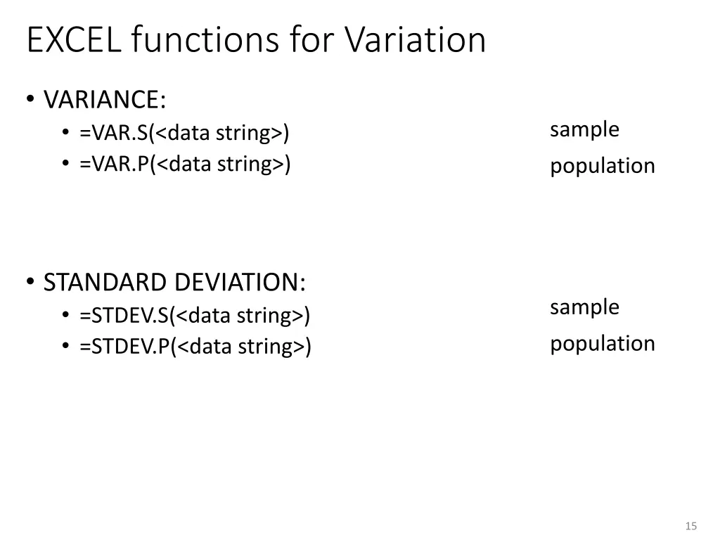 excel functions for variation