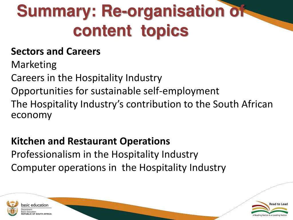 summary re organisation of content topics