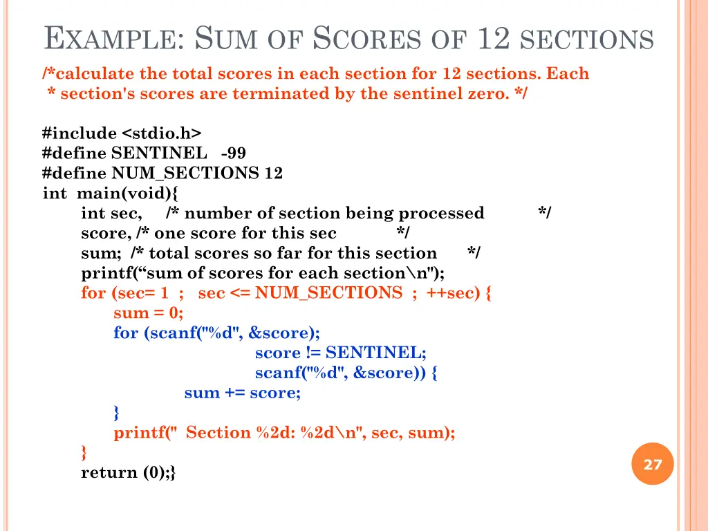 e xample s um of s cores of 12 sections calculate