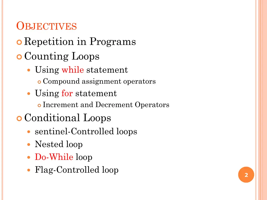 o bjectives repetition in programs counting loops