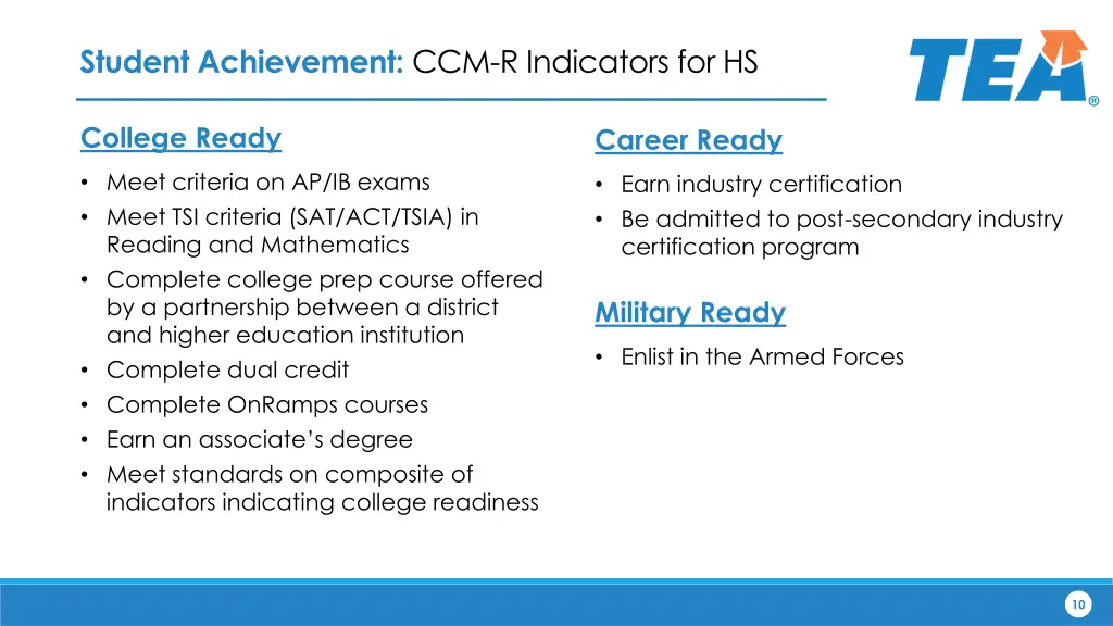 student achievement ccm r indicators for hs