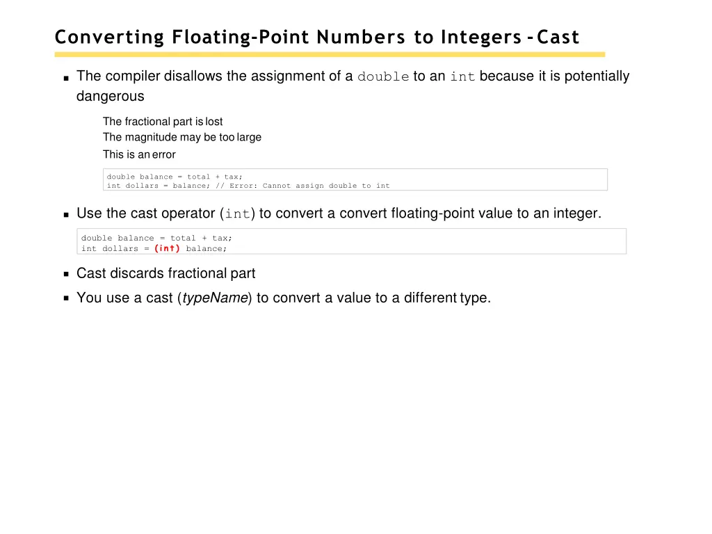 converting floating point numbers to integers cast