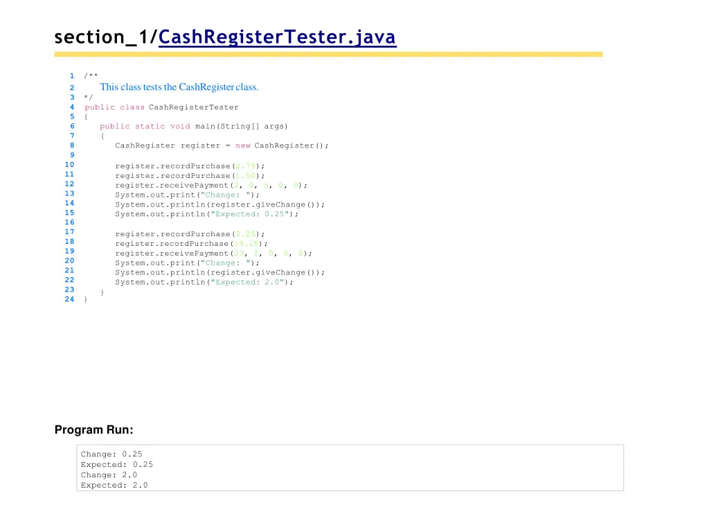 section 1 cashregistertester java