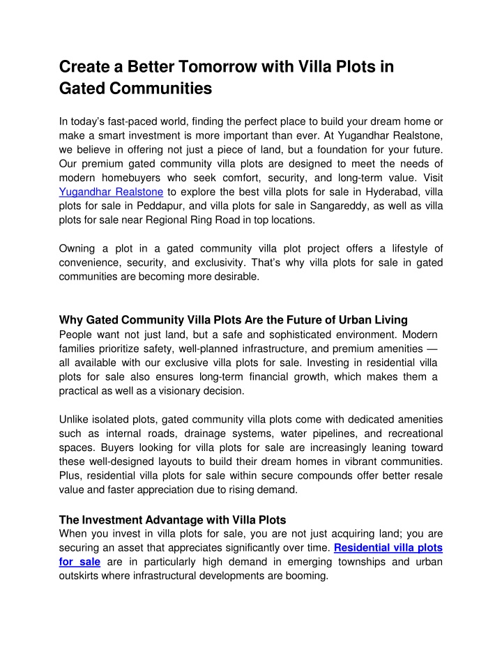 create a better tomorrow with villa plots