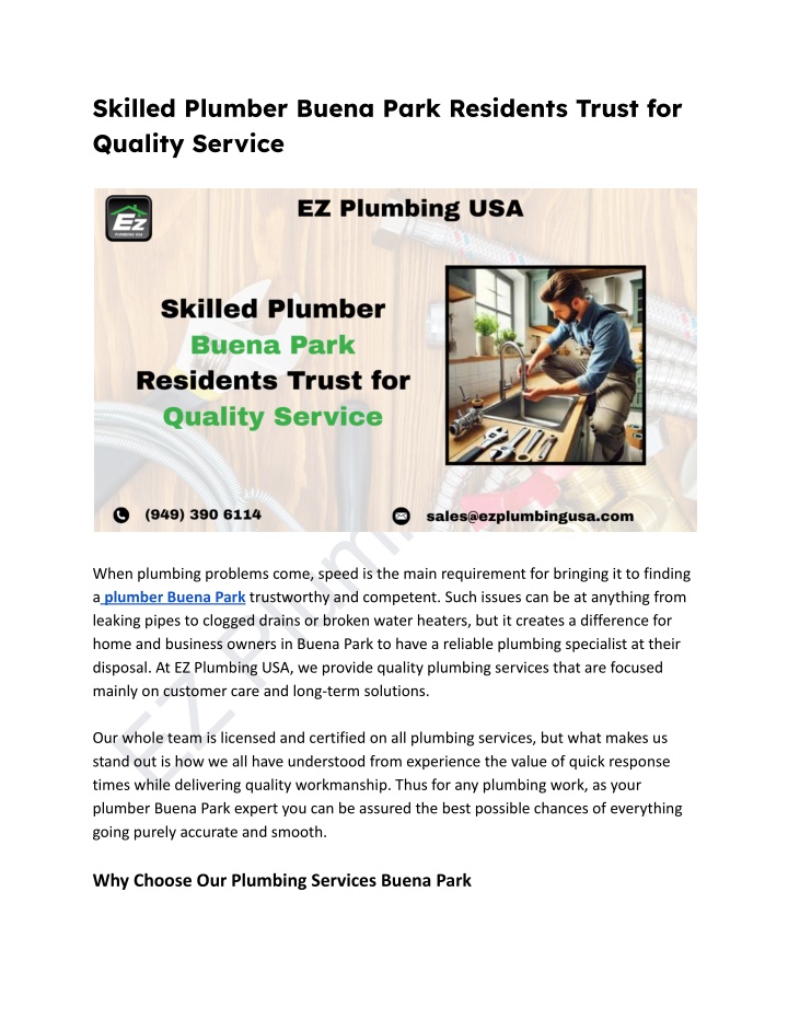 skilled plumber buena park residents trust