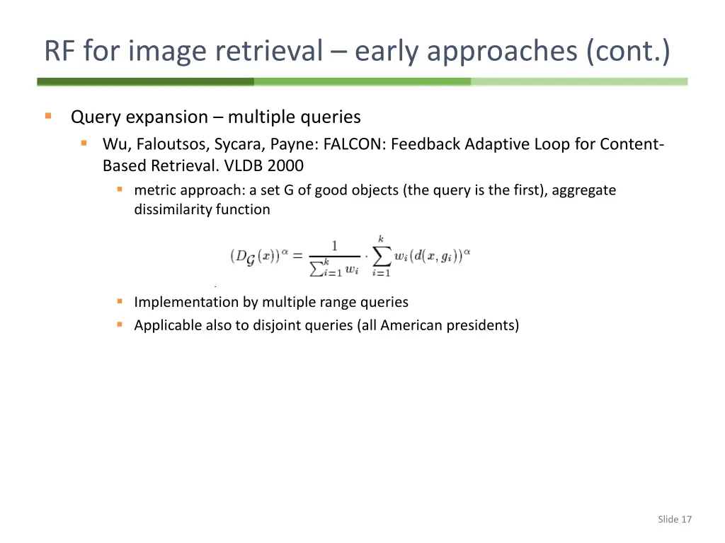 rf for image retrieval early approaches cont