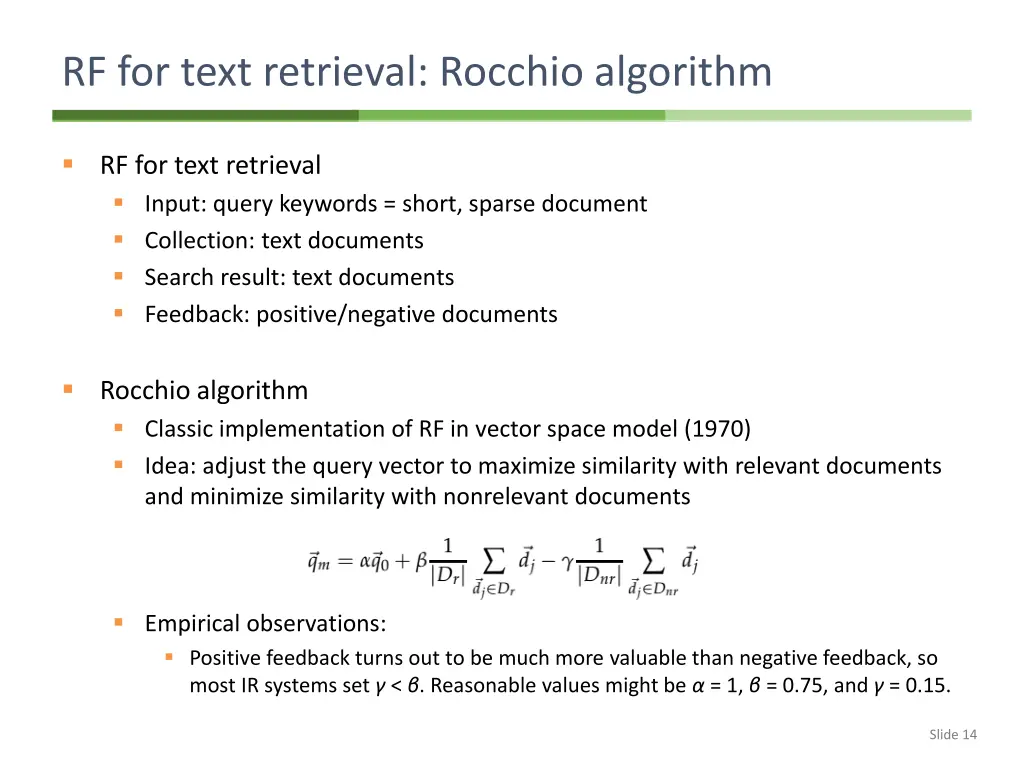rf for text retrieval rocchio algorithm
