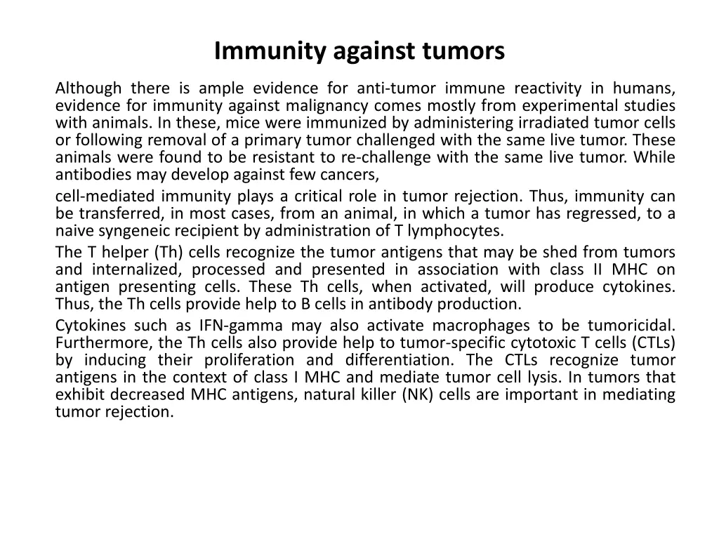 immunity against tumors