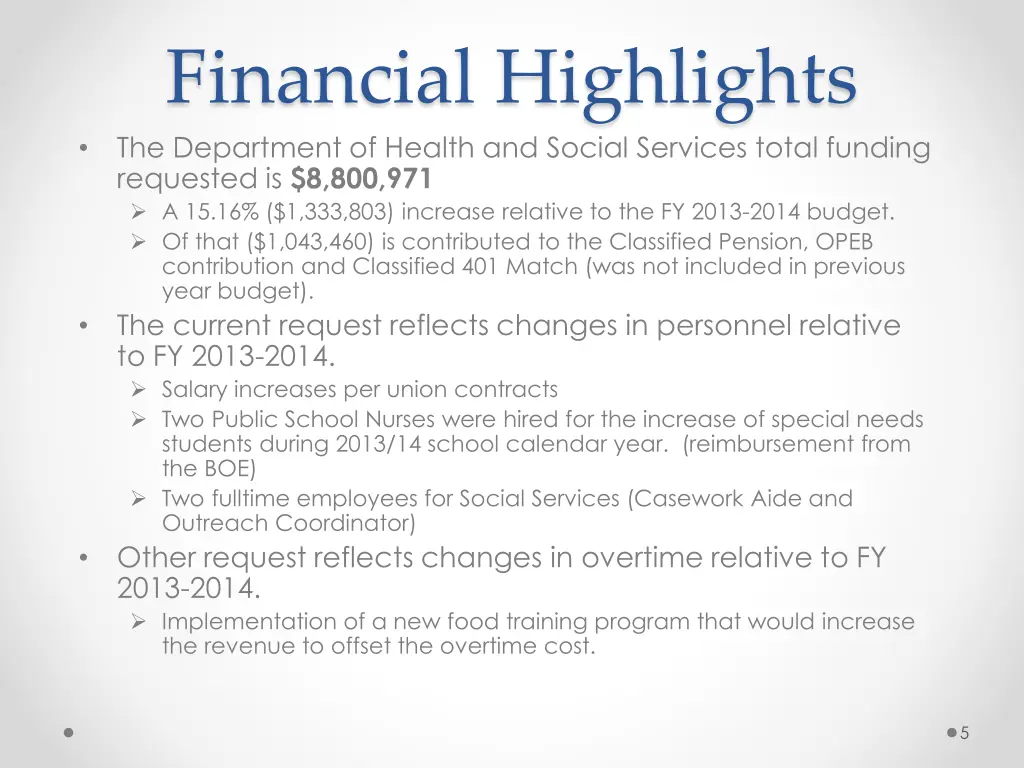 financial highlights the department of health