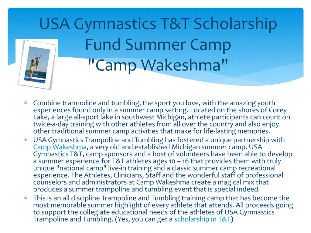 usa gymnastics t t scholarship fund summer camp