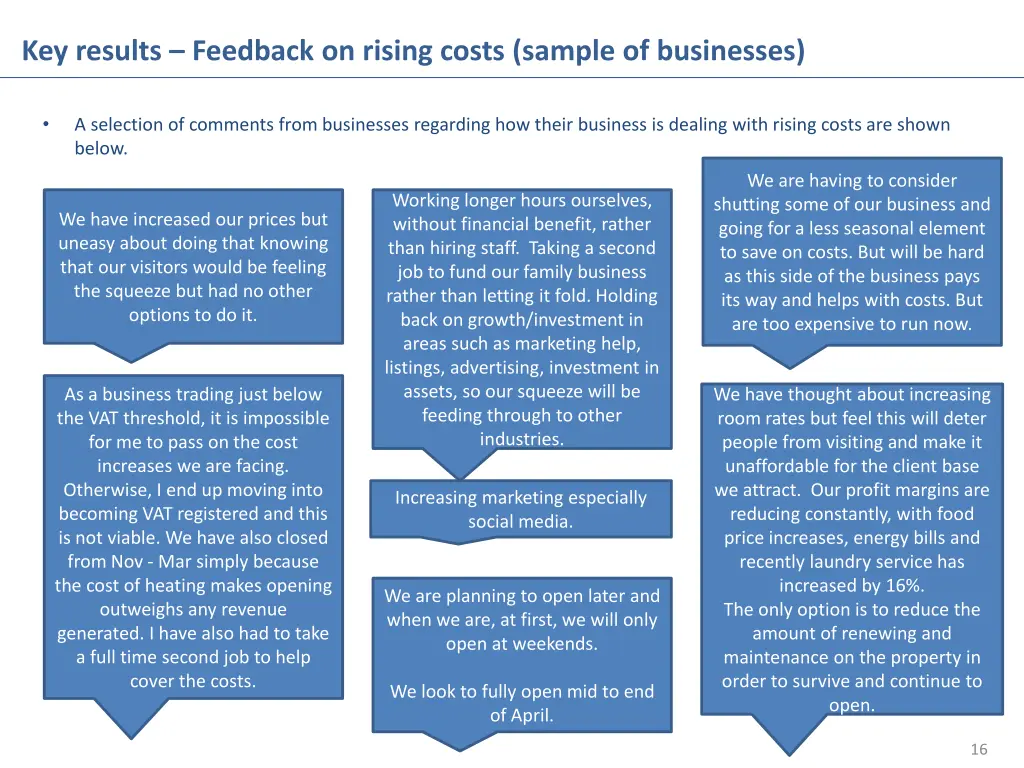 key results feedback on rising costs sample