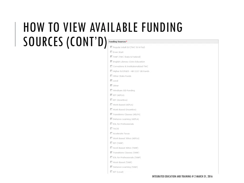 how to view available funding sources cont d cont