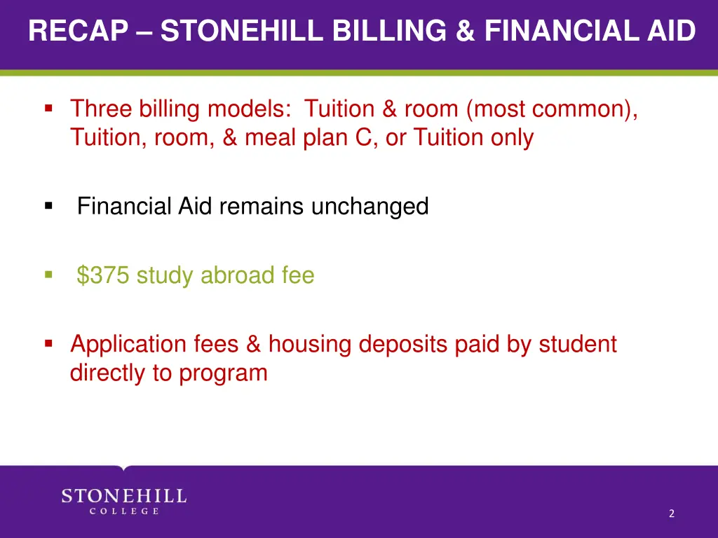 recap stonehill billing financial aid