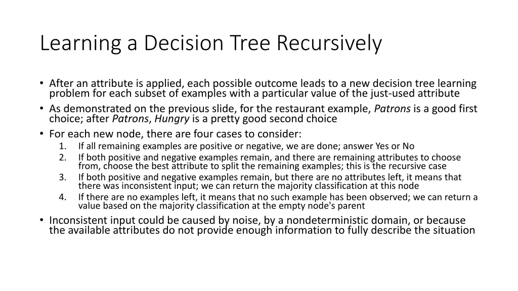 learning a decision tree recursively
