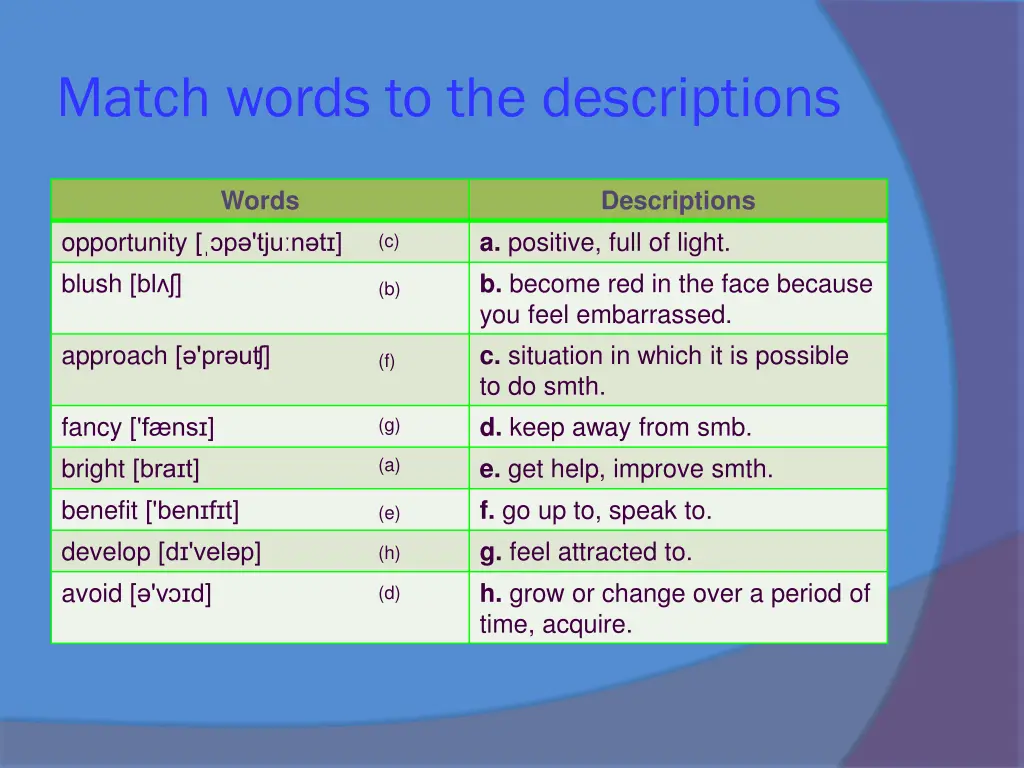 match words to the descriptions