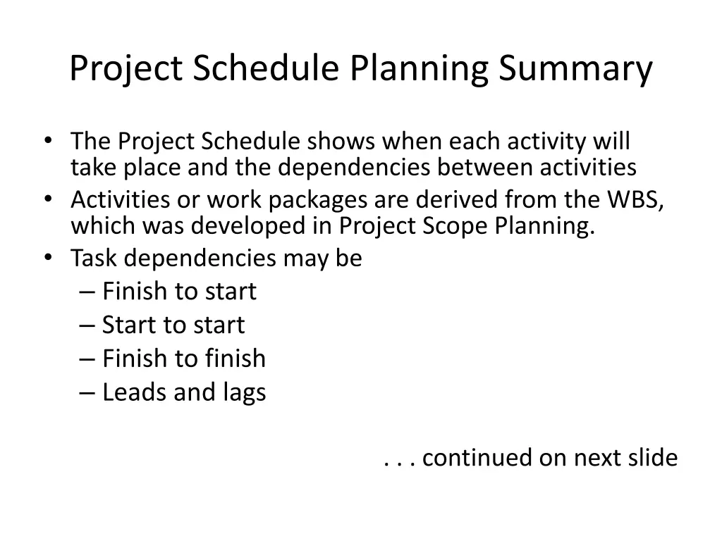 project schedule planning summary