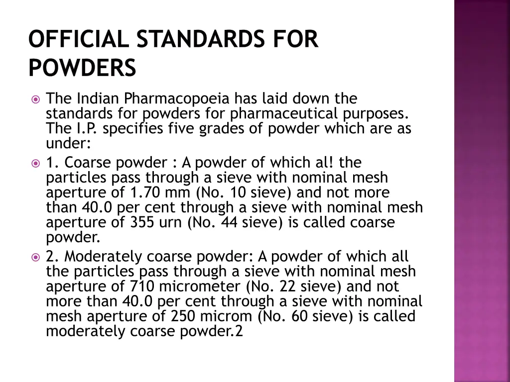 official standards for powders