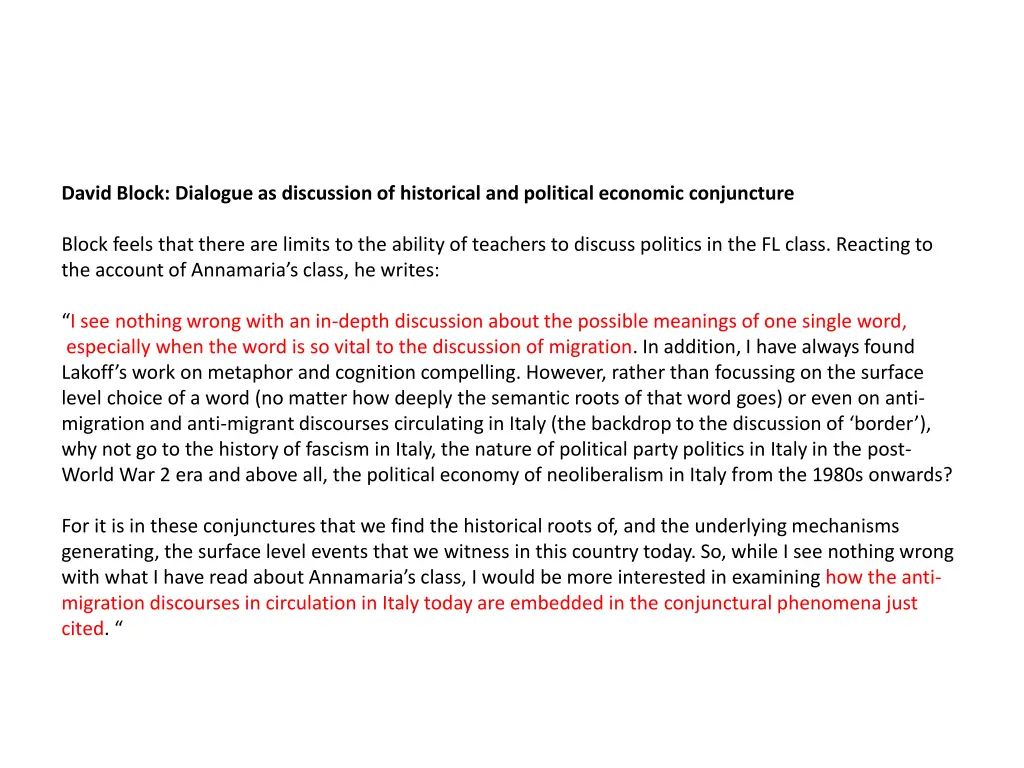 david block dialogue as discussion of historical