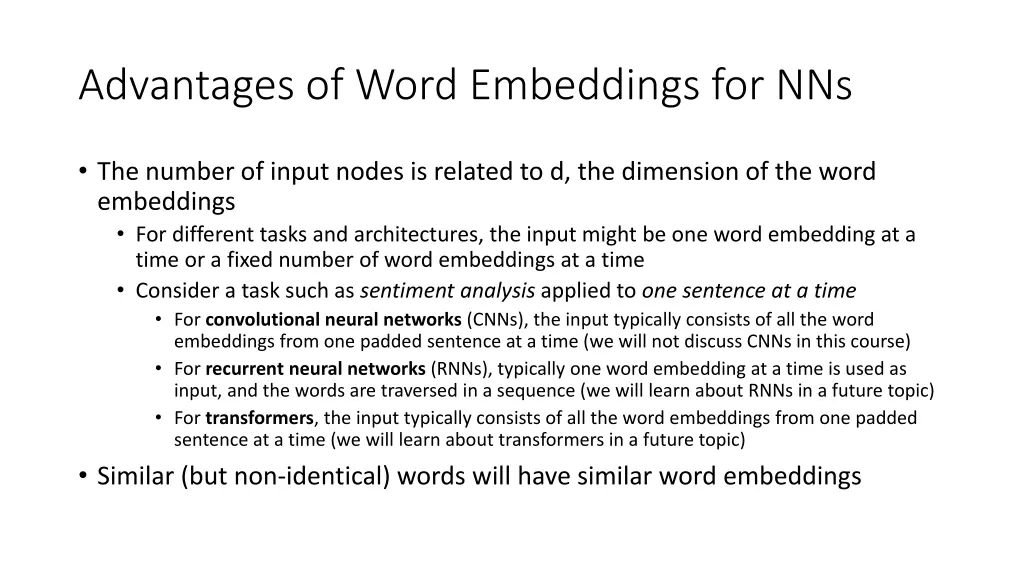 advantages of word embeddings for nns