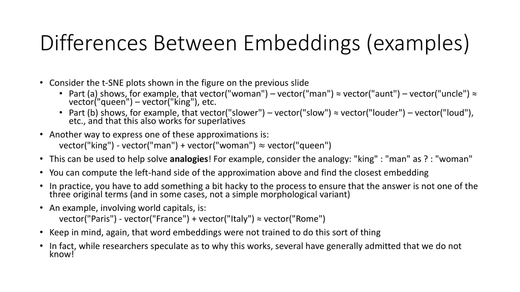 differences between embeddings examples