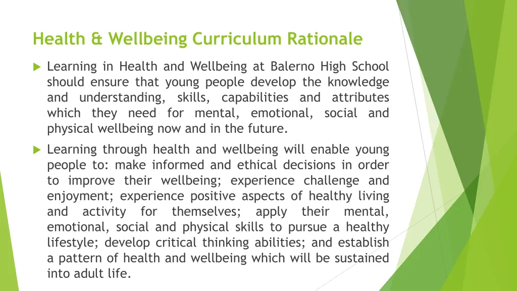 health wellbeing curriculum rationale