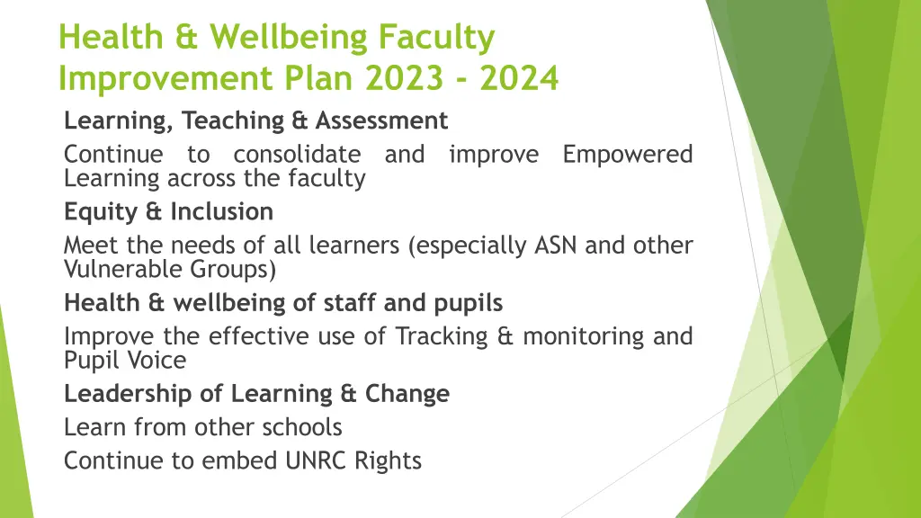 health wellbeing faculty improvement plan 2023