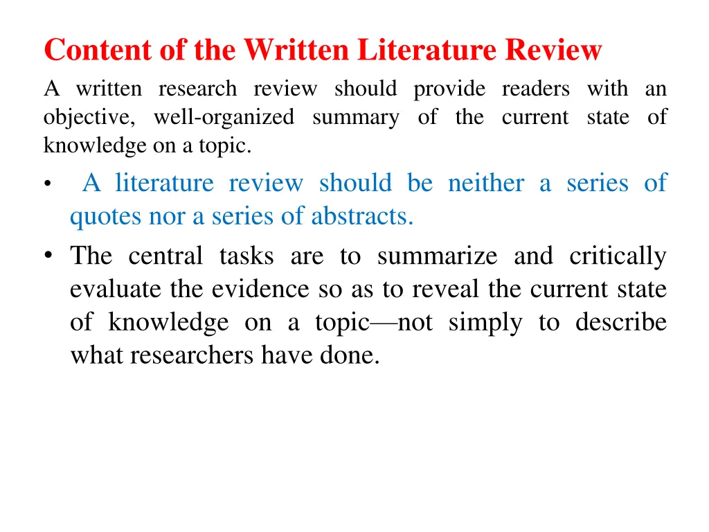 content of the written literature review