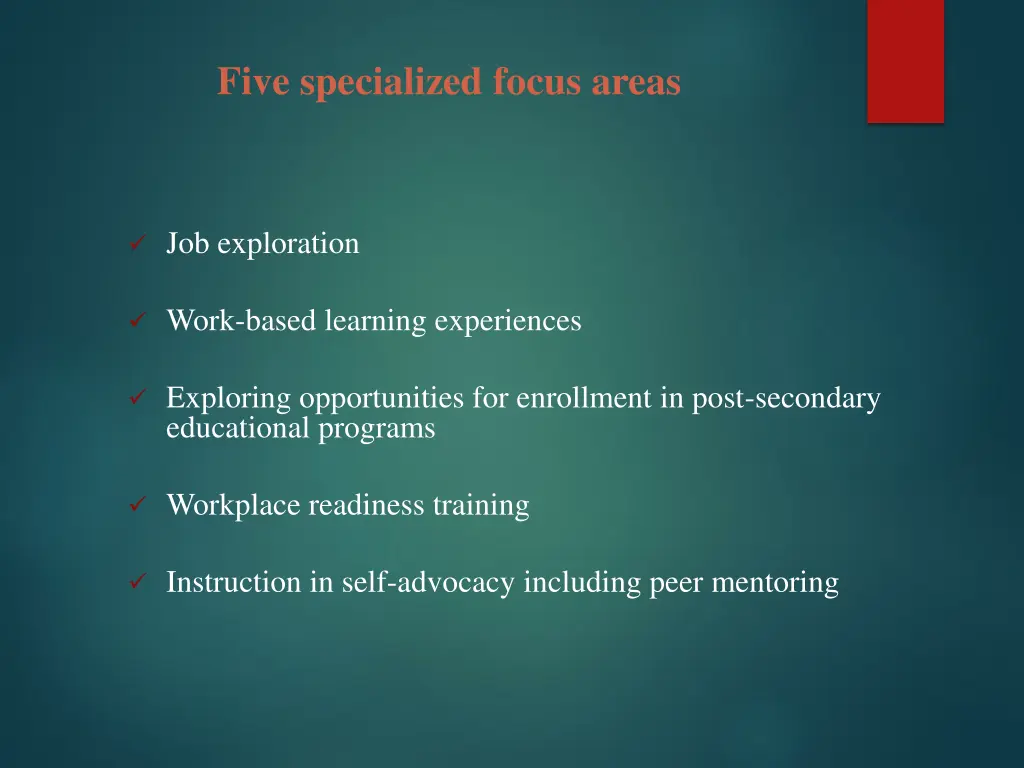 five specialized focus areas