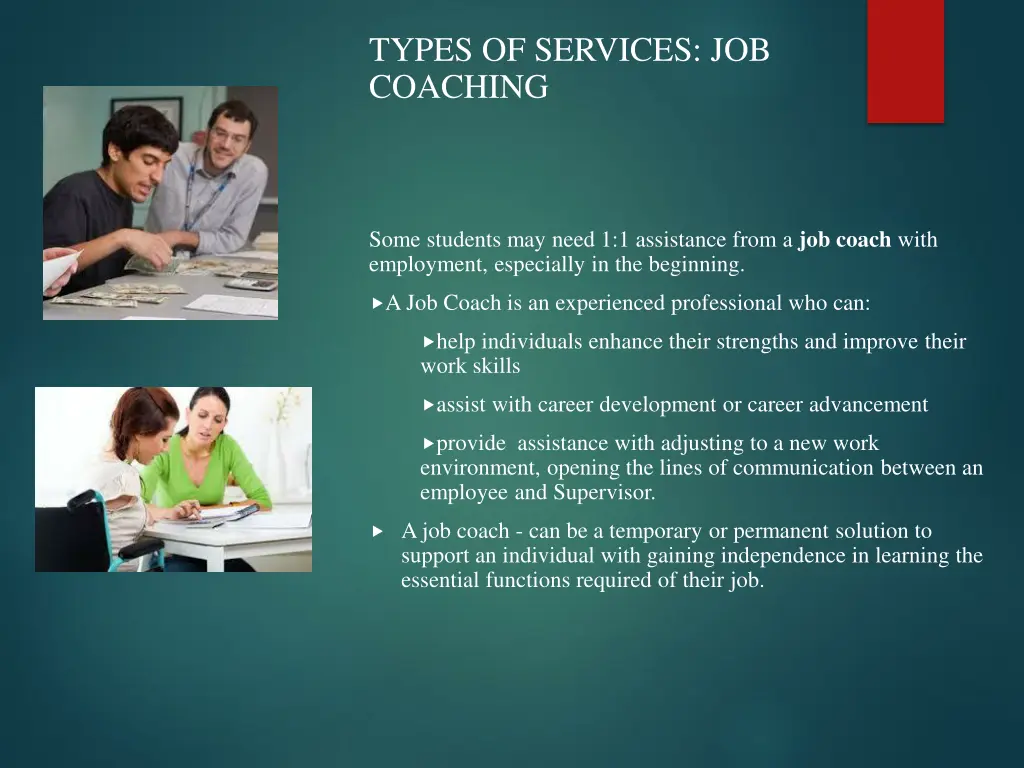 types of services job coaching