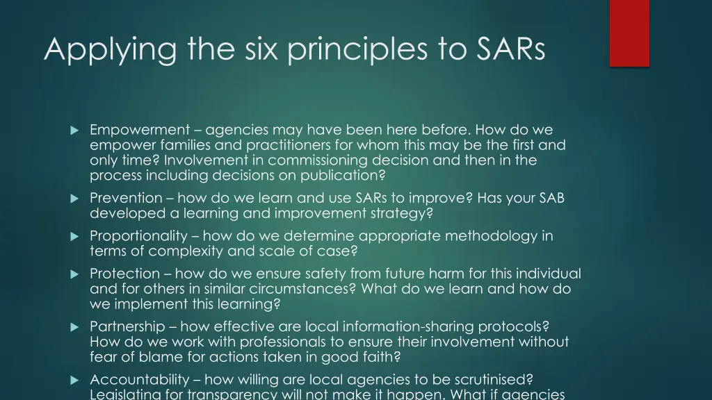 applying the six principles to sars