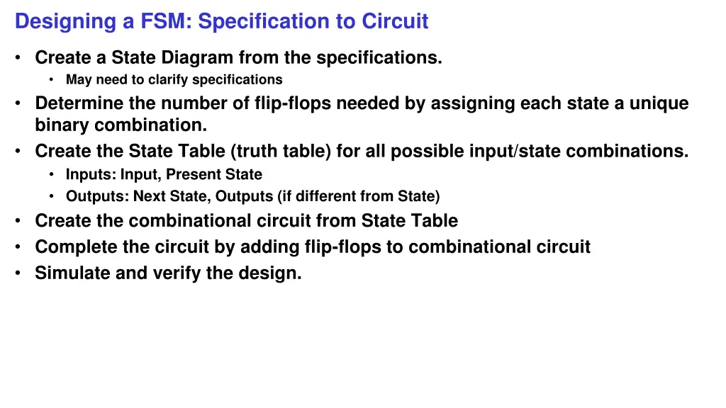 designing a fsm specification to circuit