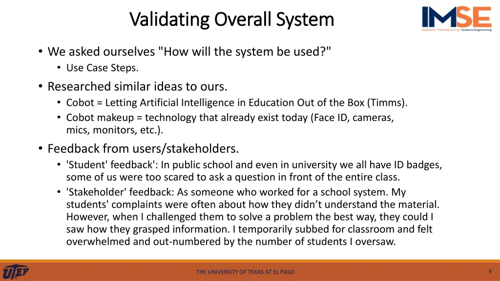 validating overall system validating overall
