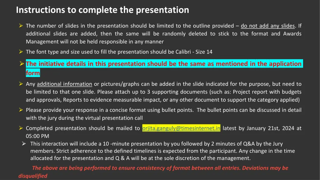 instructions to complete the presentation