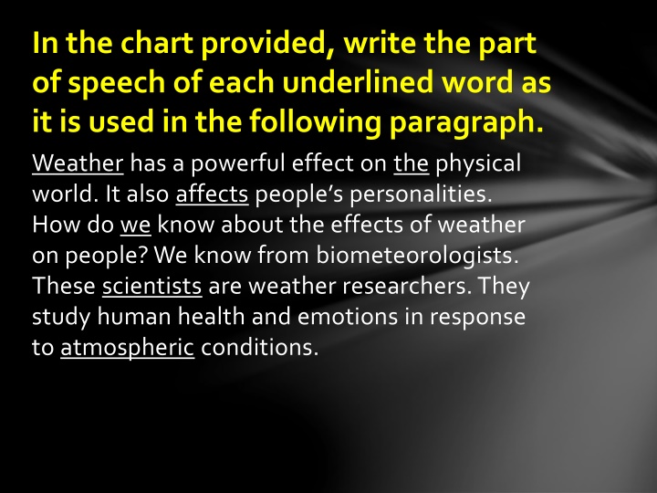in the chart provided write the part of speech