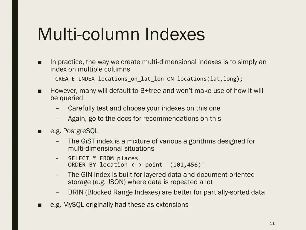 multi column indexes