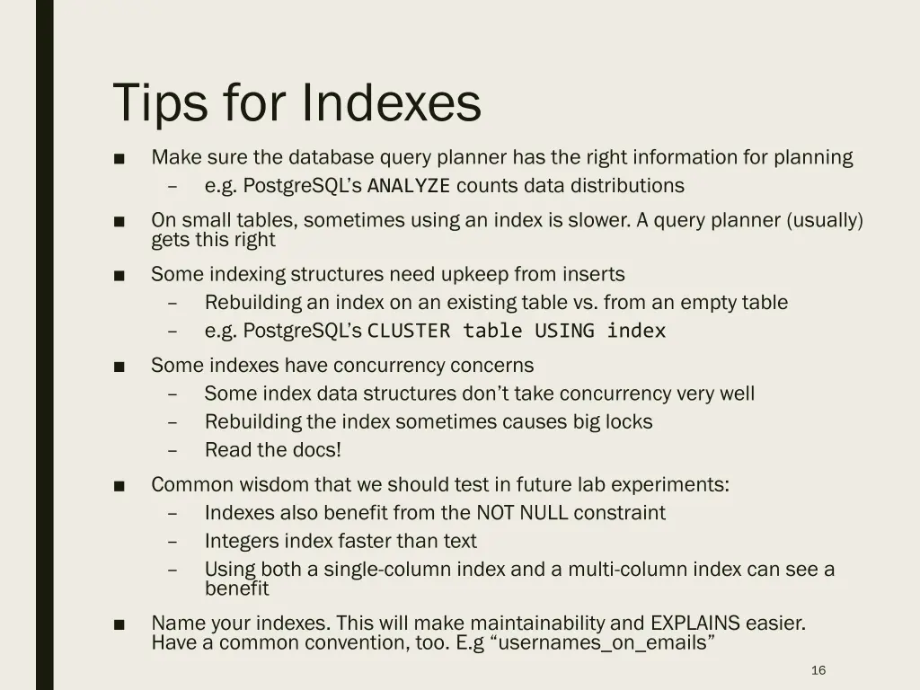 tips for indexes
