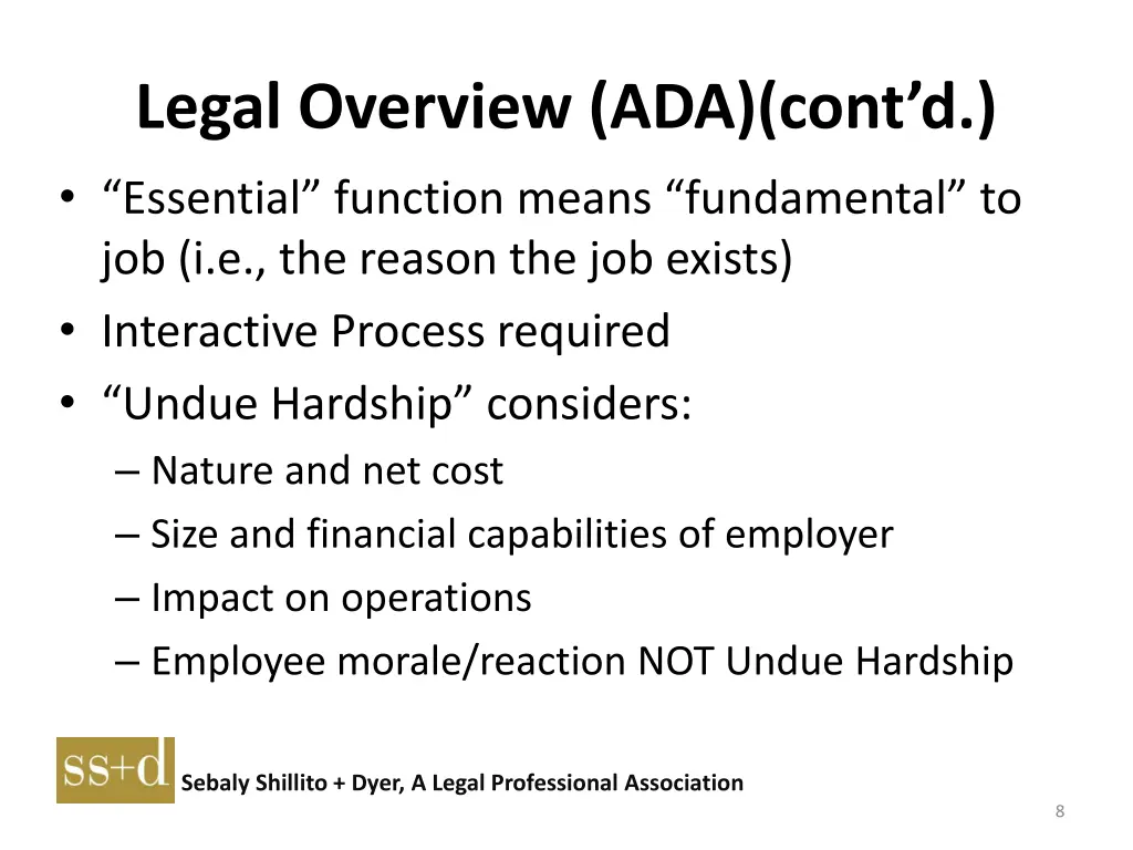 legal overview ada cont d essential function
