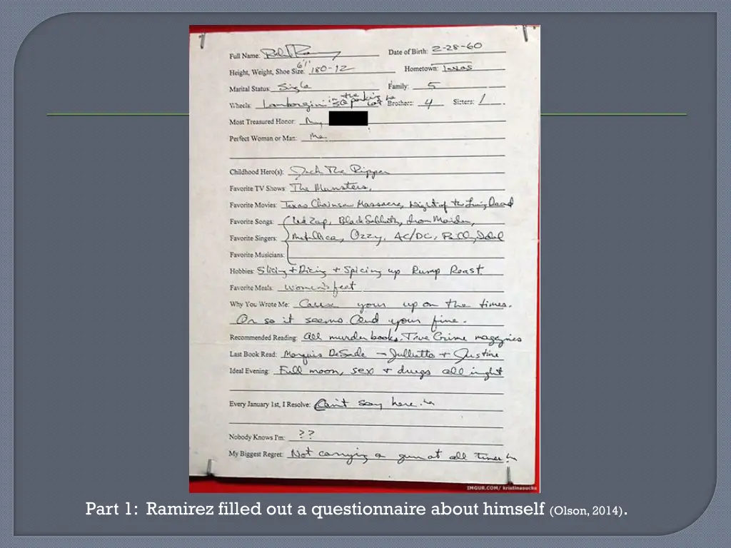 part 1 ramirez filled out a questionnaire about