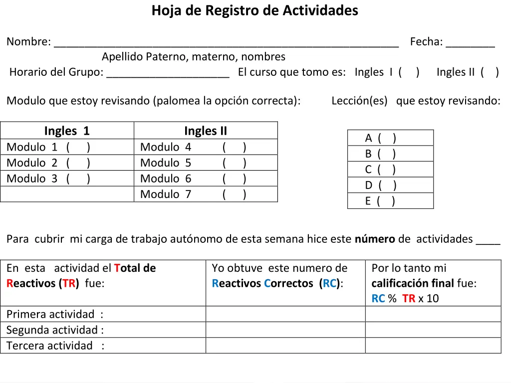 hoja de registro de actividades