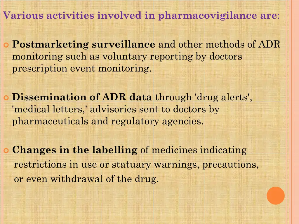various activities involved in pharmacovigilance