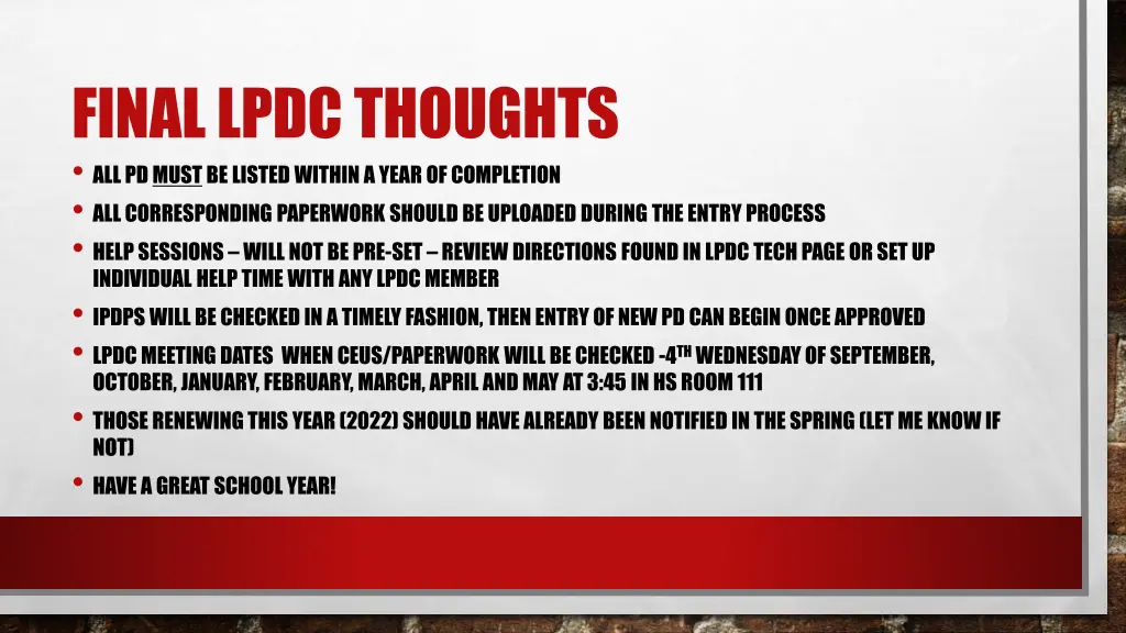 final lpdc thoughts all pd must be listed within