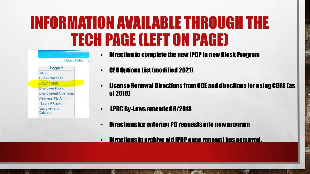 information available through the tech page left